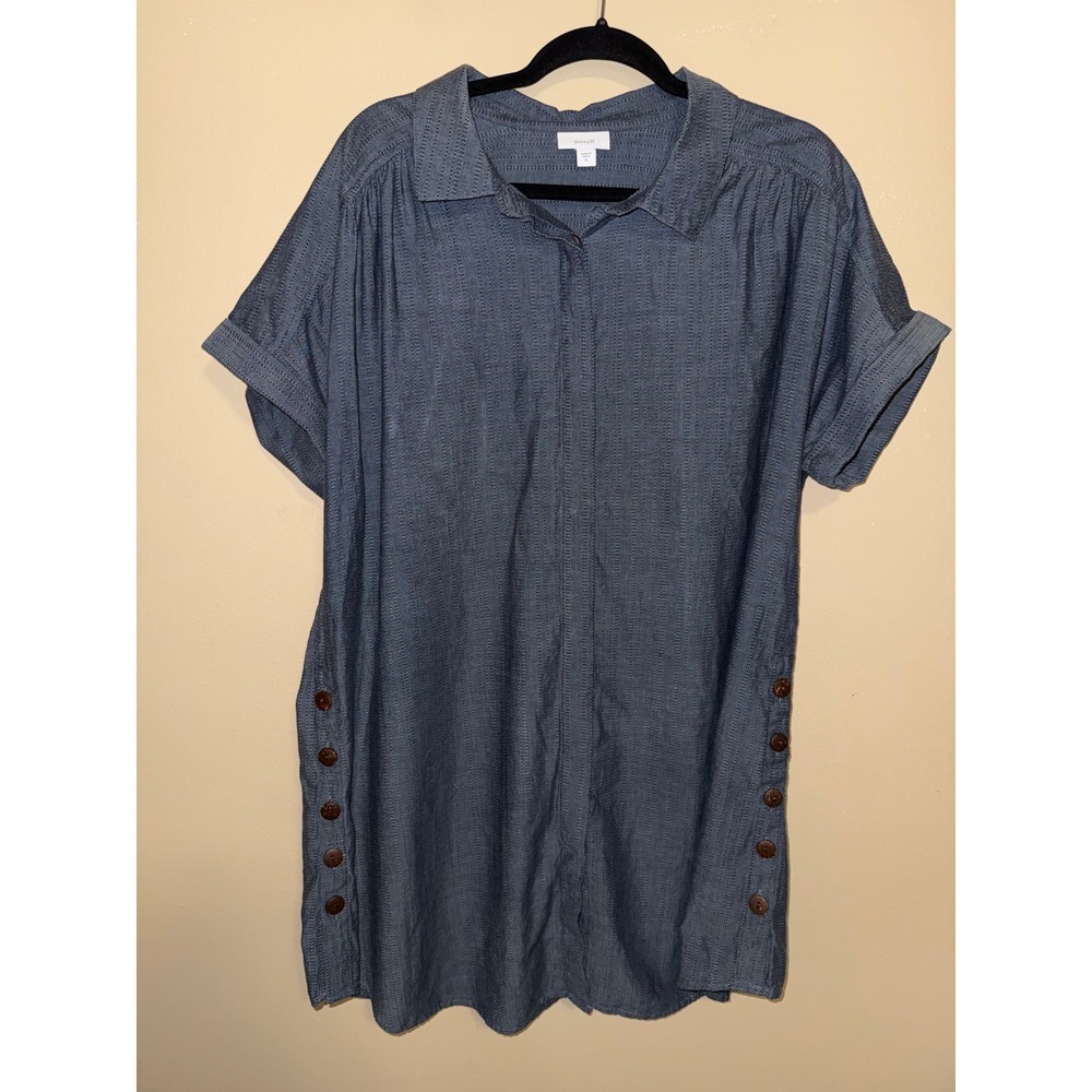 Pure J. Jill Blue Dobby Stripe Cotton Button Side Tunic Shirt Dress XL Lagenlook